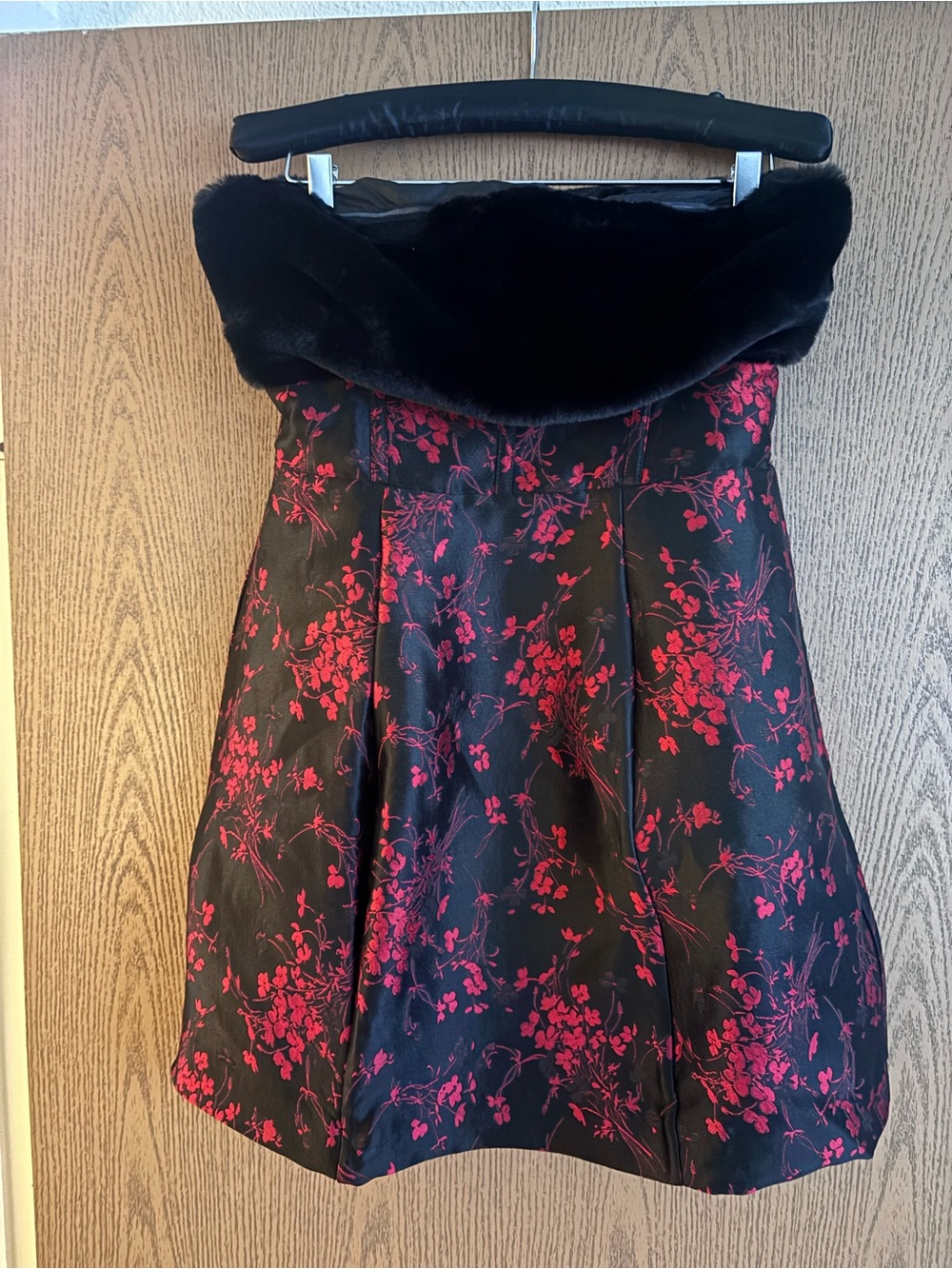 ASOS Black Strapless Dress with Red Floral Print and Faux Fur Trim (NW/OT)